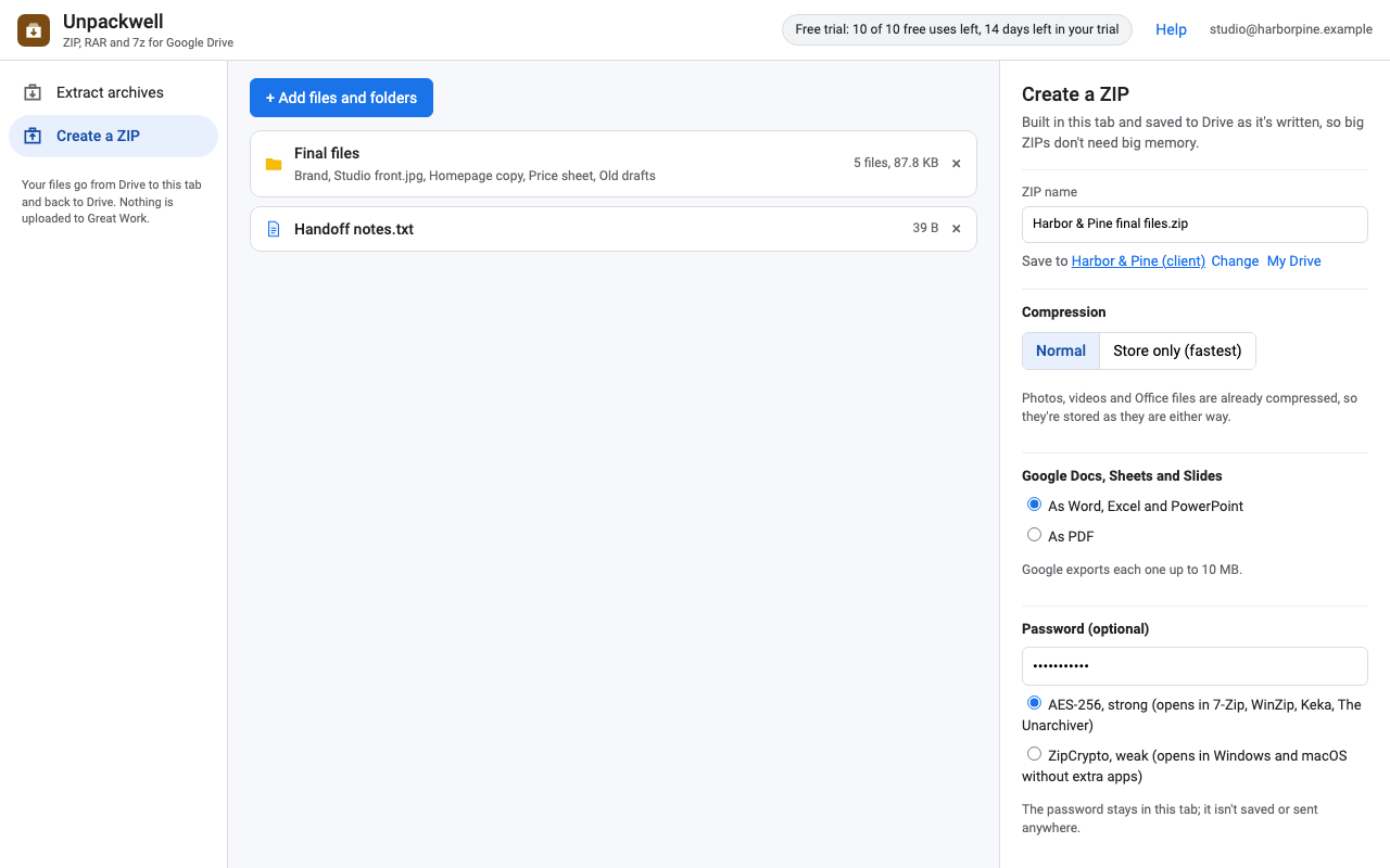 Creating a ZIP from the Final files folder and a text file, with compression, Google Docs export and AES-256 password options