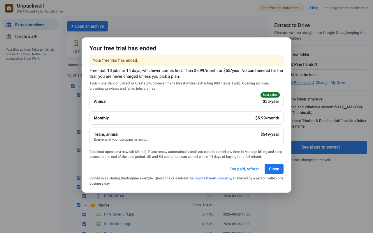 The plans dialog shown before a job once the trial has ended: $55 a year, $5.99 a month, $549 a year for a team