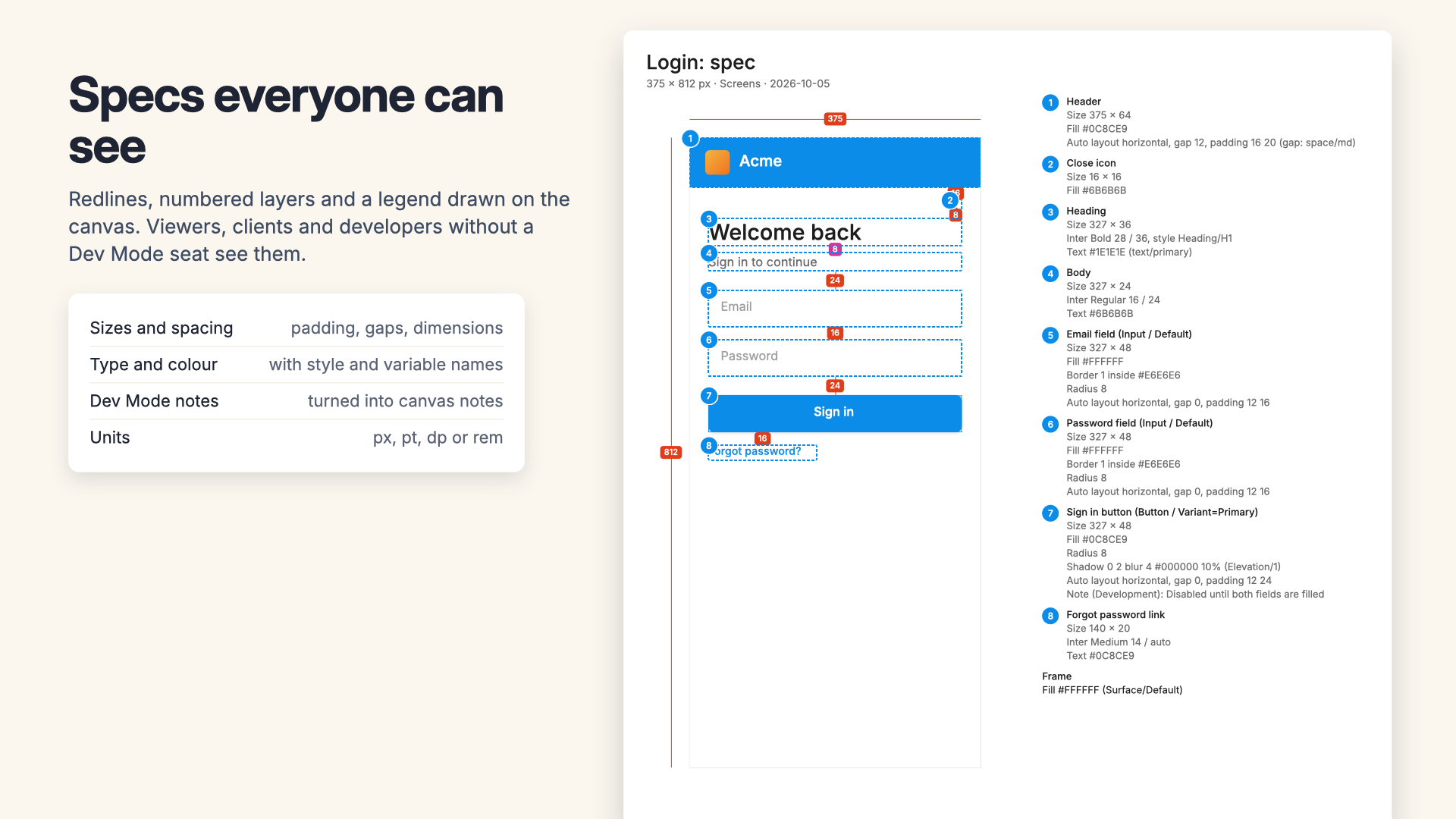 A Speclark spec sheet for a login screen: numbered layers, padding and gap areas, width and height lines, and a legend with sizes, fonts, colours and component names