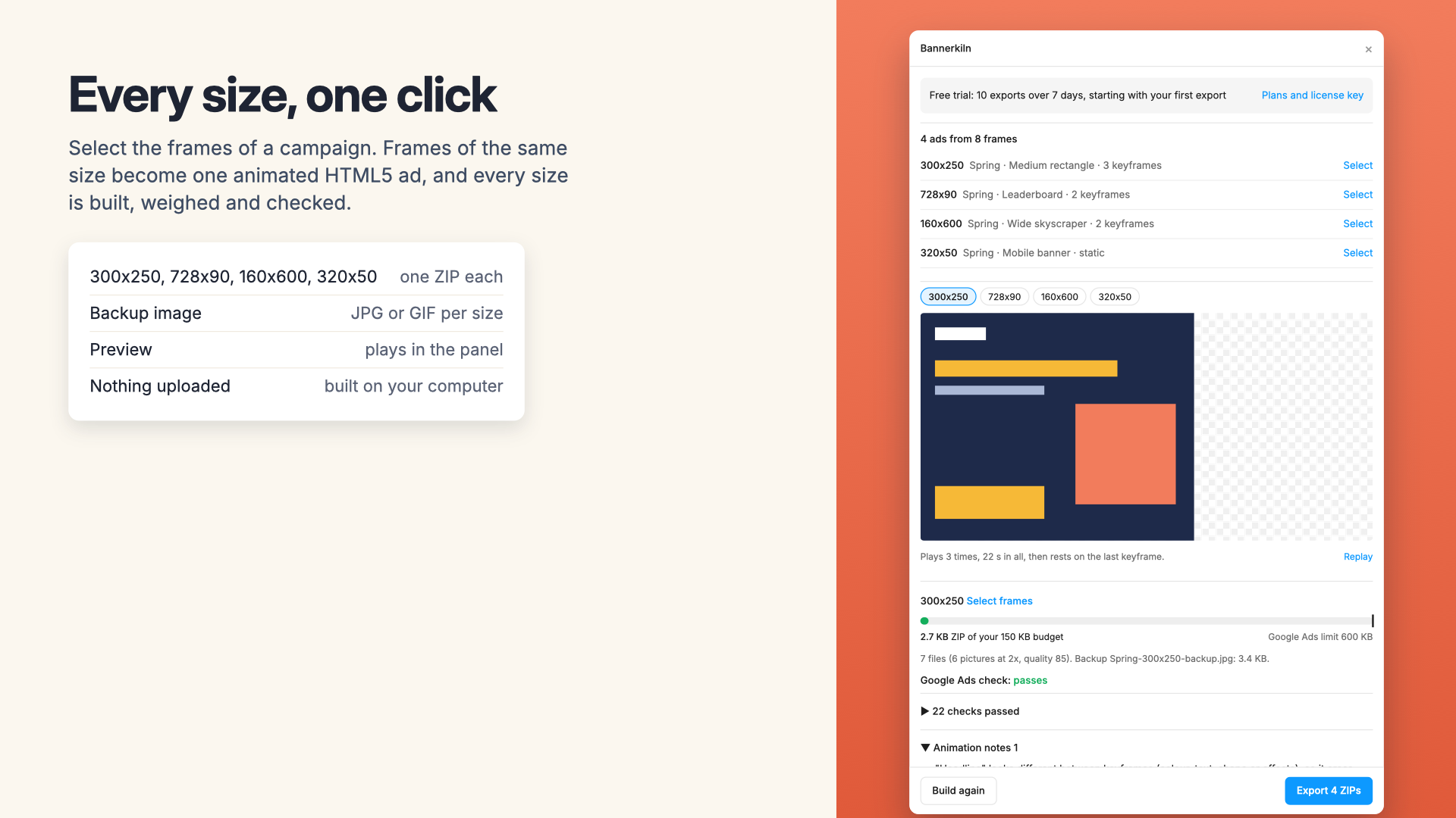 The Bannerkiln panel with four ad sizes from one selection, a preview of the 300x250 ad, its weight against a 150 KB budget and a passing Google Ads check