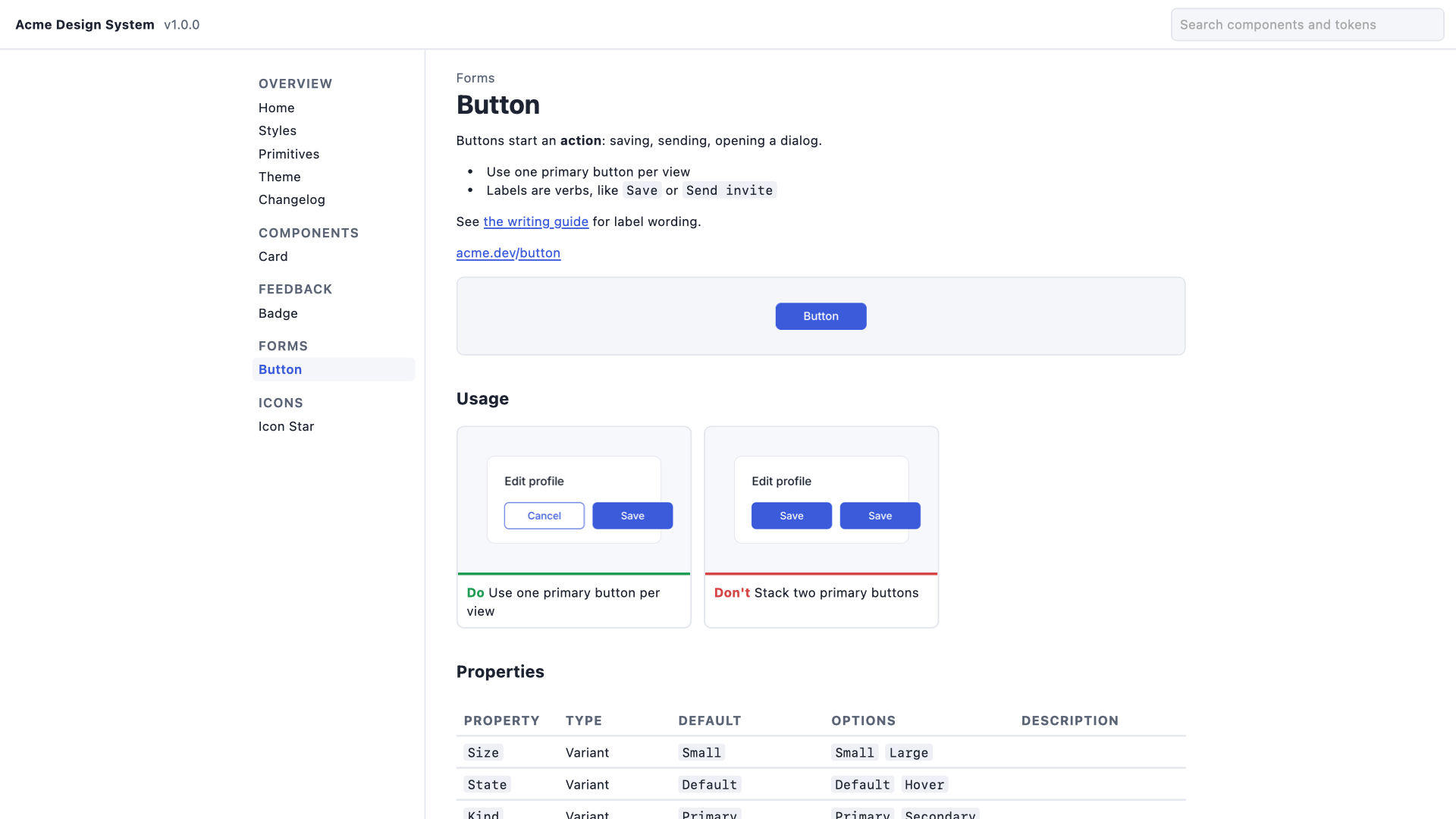 A component page exported by Guidelark: the Button's description, preview, Do and Don't examples and its properties table