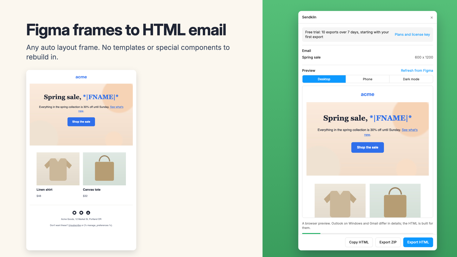A spring sale email exported from Figma, next to the Sendkiln panel with its preview