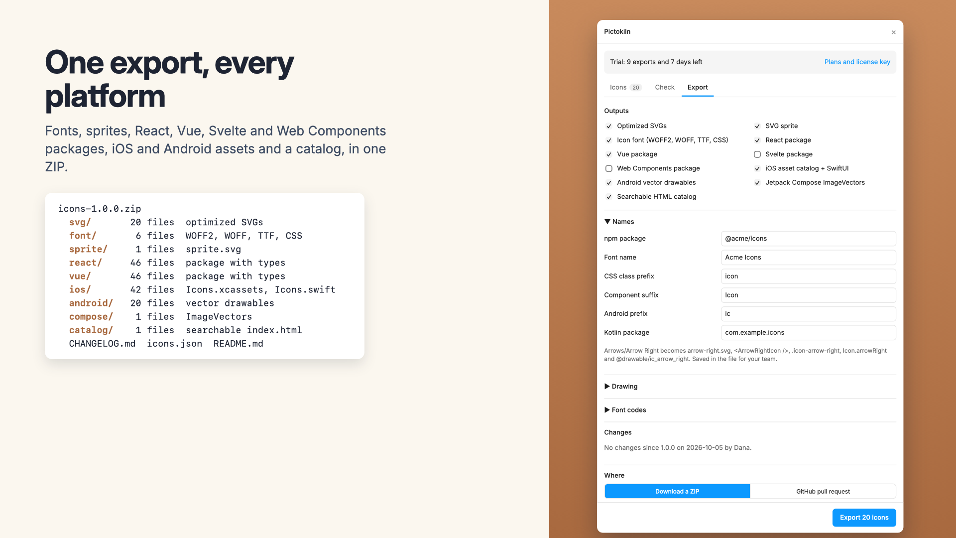 The Pictokiln export tab with every output ticked, beside the ZIP it wrote: svg, font, sprite, react, vue, ios, android, compose and catalog folders
