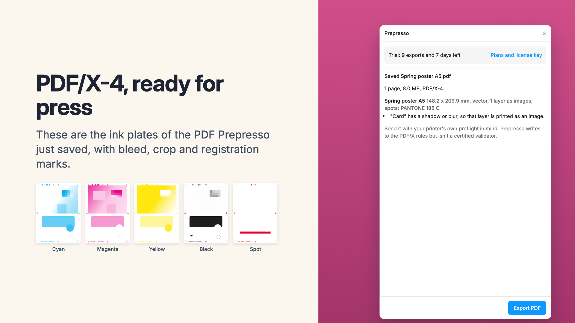 The cyan, magenta, yellow, black and spot plates of a poster exported with Prepresso, next to the plugin panel