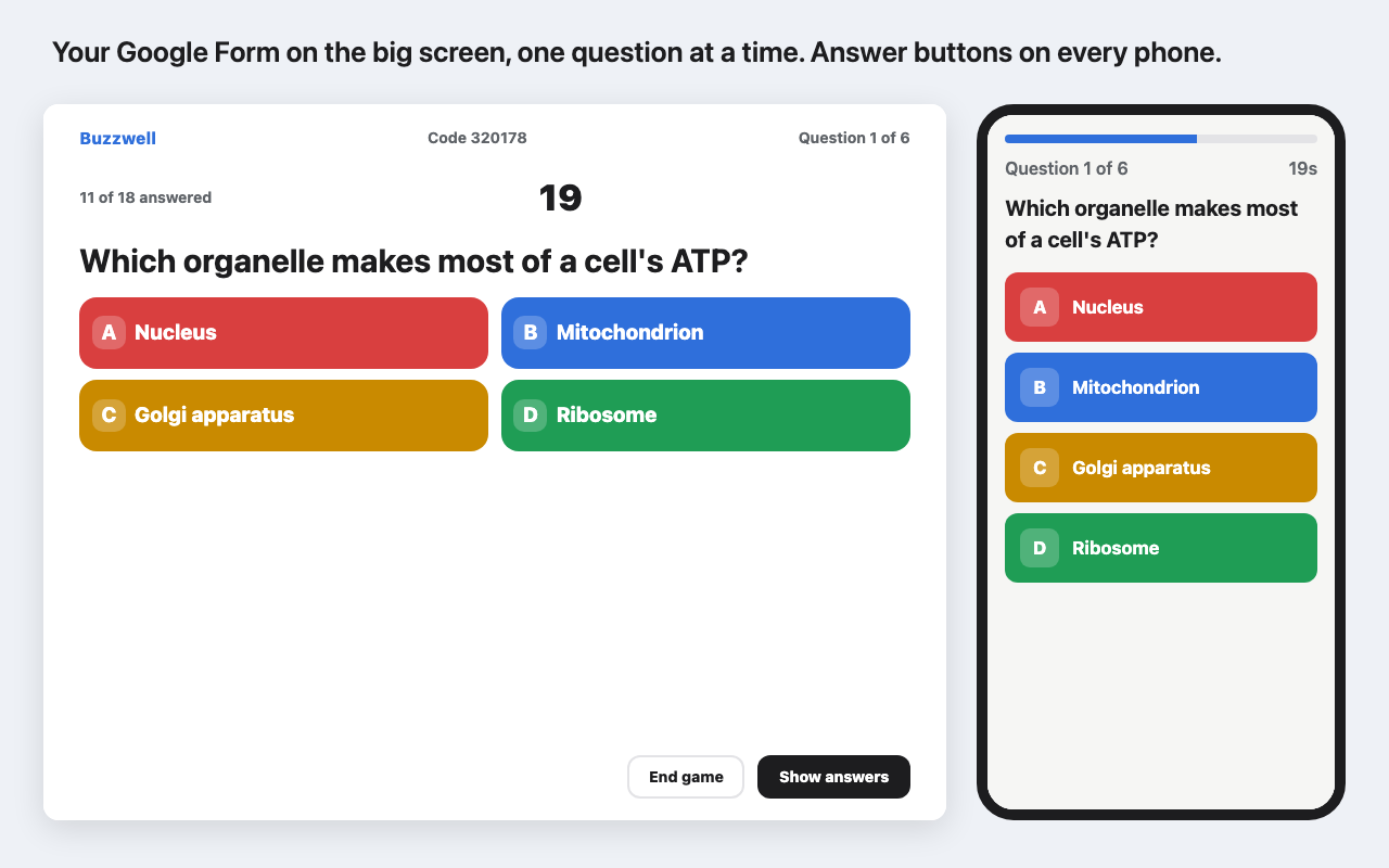 A Google Forms question on the presenter screen with a countdown, next to a phone showing the answer buttons