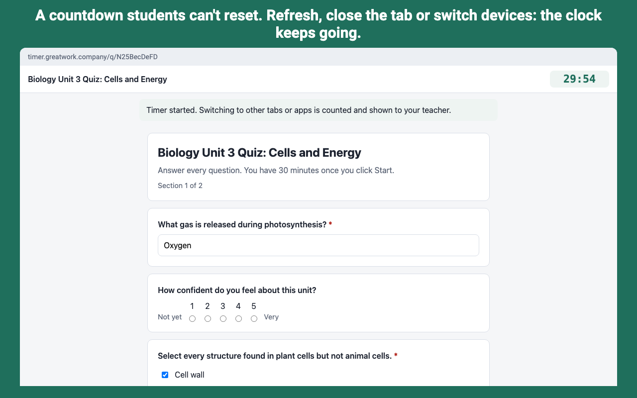 A student taking a timed Google Forms quiz with a countdown in the corner