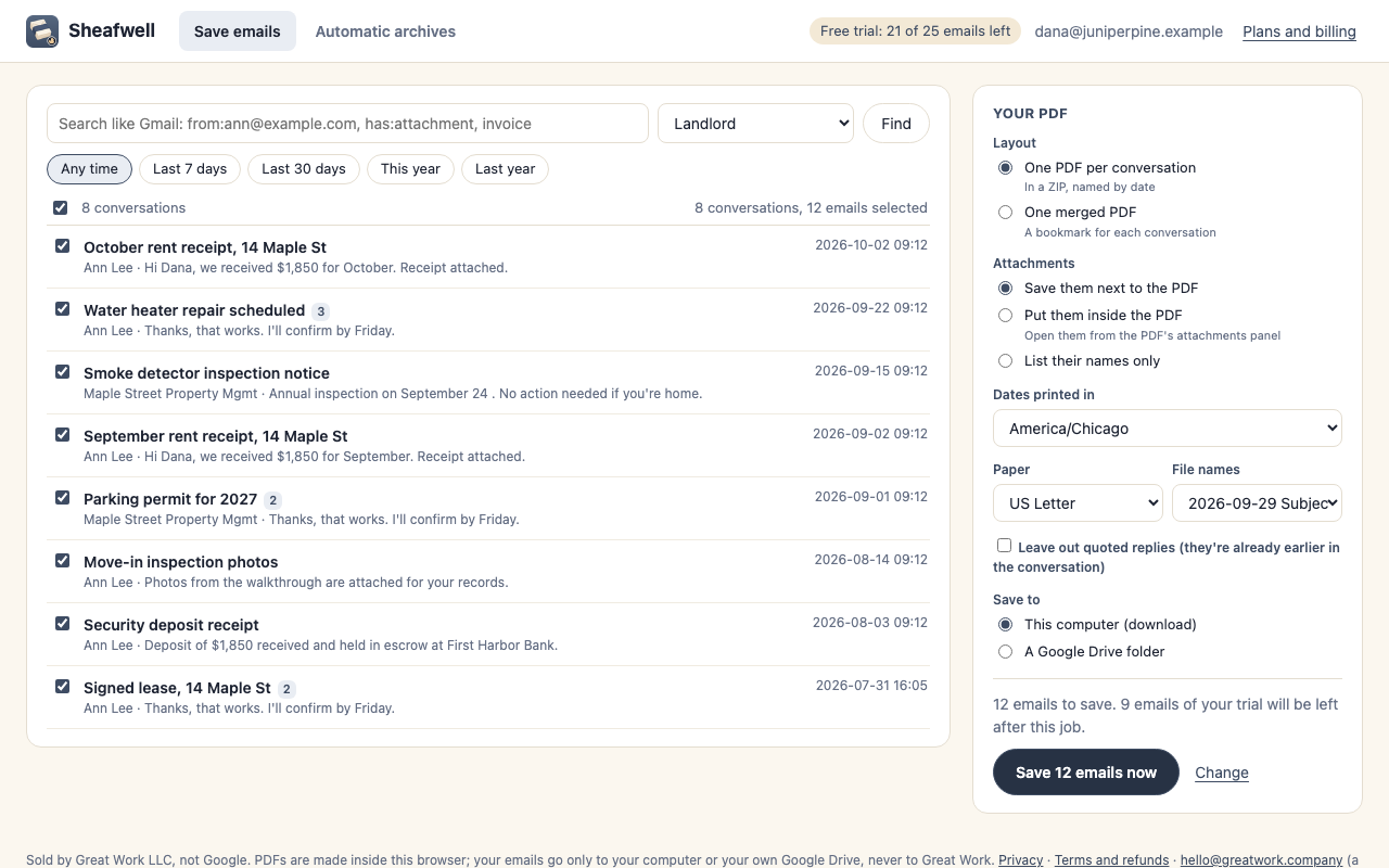 Sheafwell listing conversations from a Gmail label, with the PDF options and the check before saving