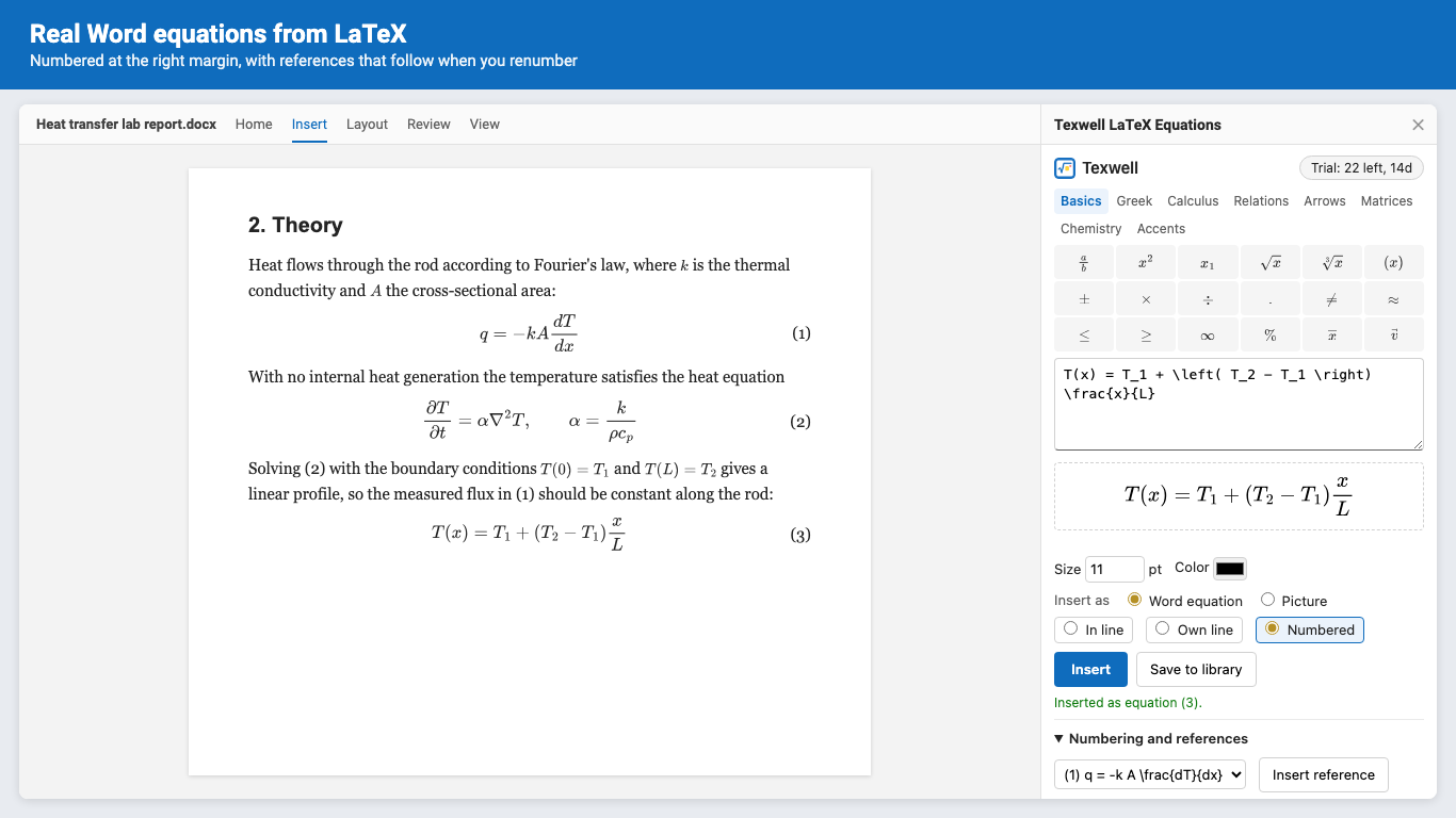 Word document with numbered equations and the Texwell pane showing a live preview
