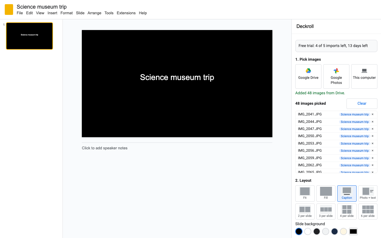 Google Slides with the Deckroll sidebar: 48 photos picked from a Drive folder, Fit layout, captions with file name and date
