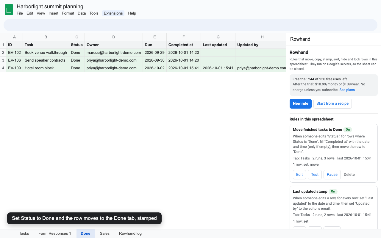 A Done tab with moved rows and their completed-at stamps, next to the Rowhand sidebar