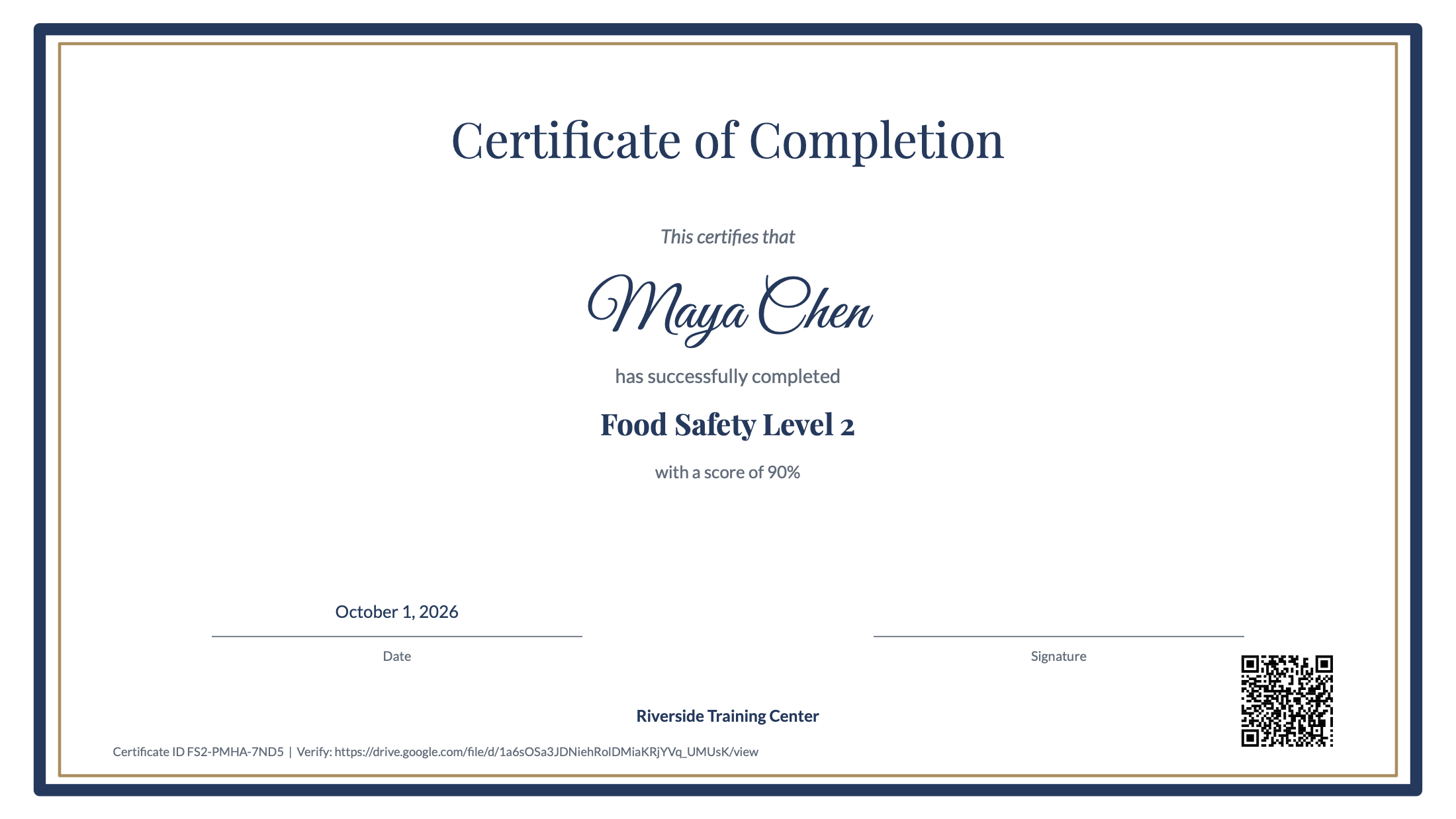 A Laurelsend certificate of completion with a name, course, score, date, certificate ID and QR code