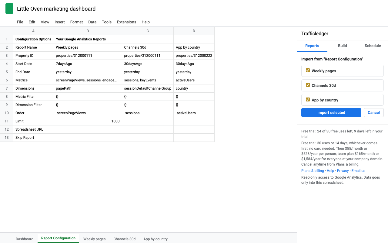 Trafficledger importing reports from Google's Report Configuration sheet