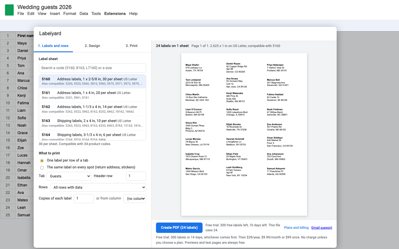 Labelyard previewing 24 address labels from a guest list in Google Sheets