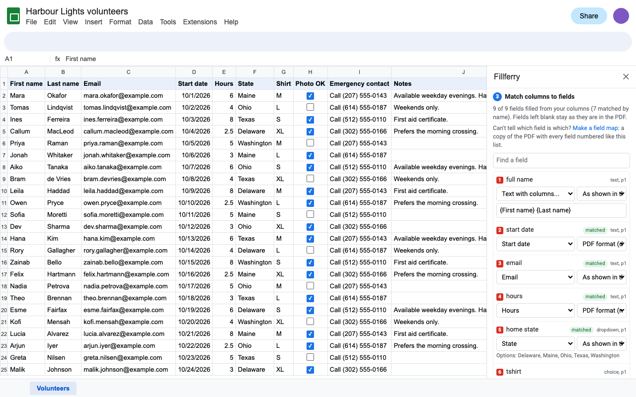 The Fillferry sidebar in Google Sheets: a volunteer form picked, its fields matched to the sheet's columns, with date and money formats