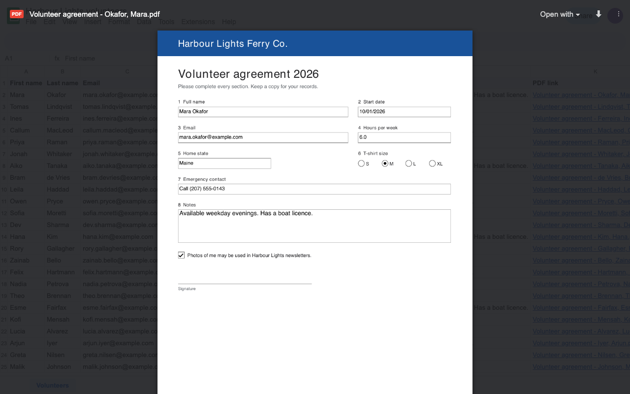 A filled volunteer form PDF in Google Drive next to the sheet, with its link in the PDF link column