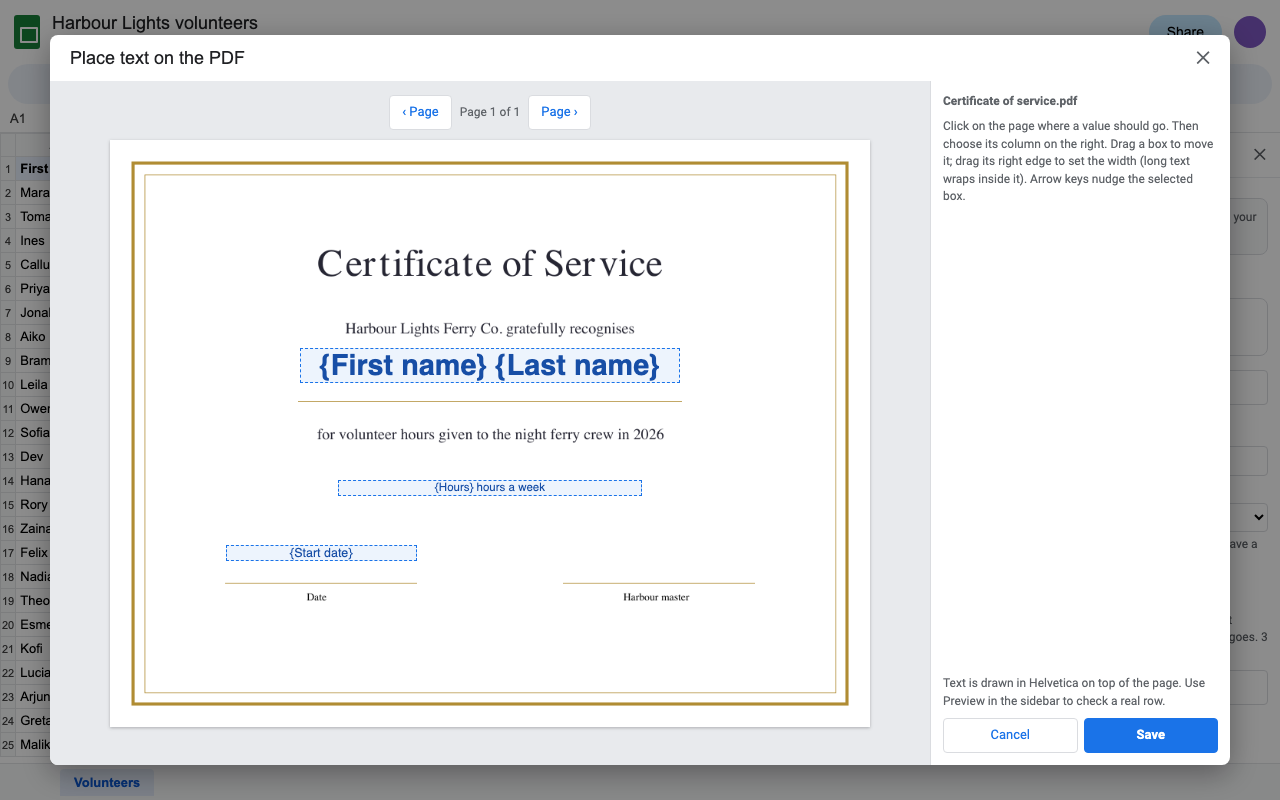 Placing text on a certificate PDF that has no form fields