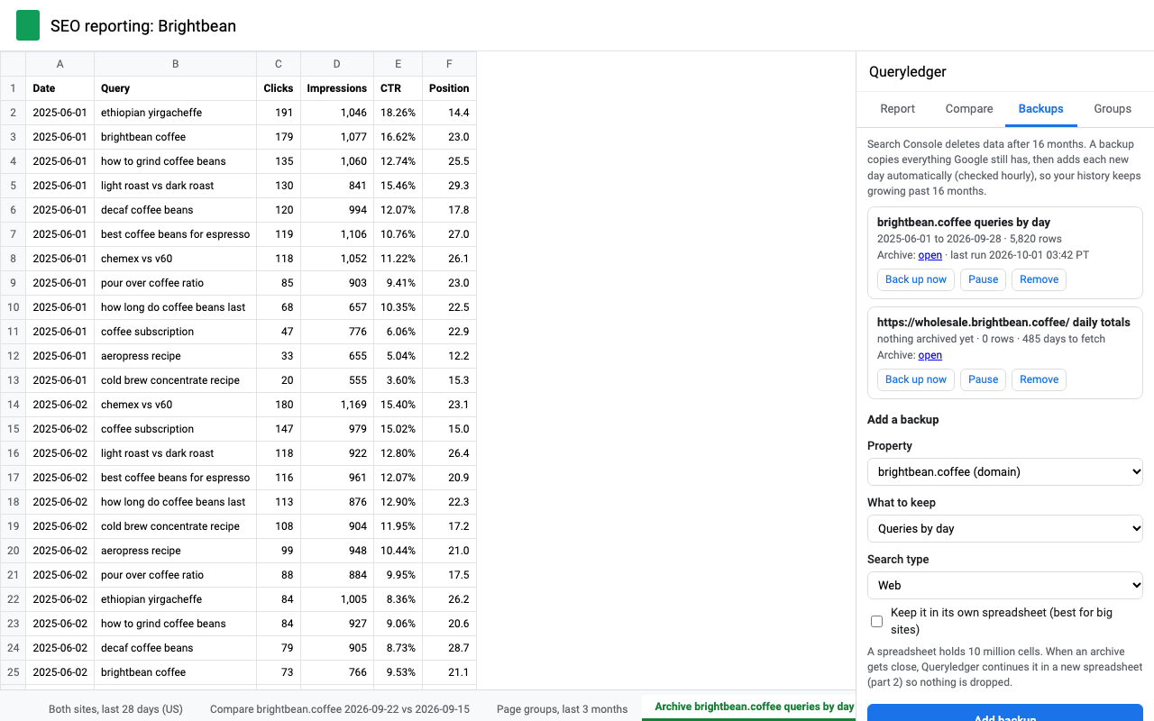 A Queryledger archive tab with 16 months of daily query data and the Backups sidebar