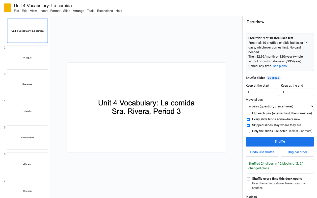 A Spanish vocabulary deck in Google Slides with the Deckdraw sidebar after shuffling 24 slides in pairs