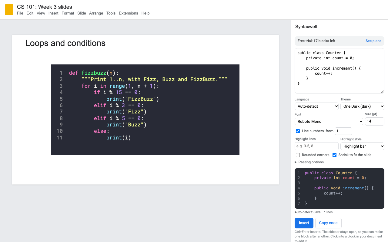 A Google Slides slide with a Python FizzBuzz function in the Dracula theme with line numbers, and the Syntaxwell sidebar
