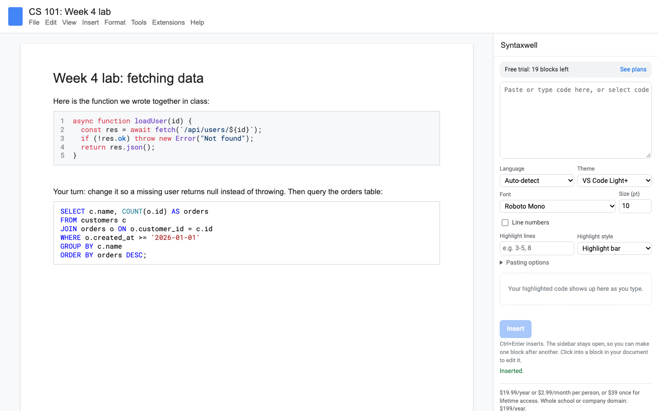 A lab handout in Google Docs with a JavaScript block with line numbers and a SQL block