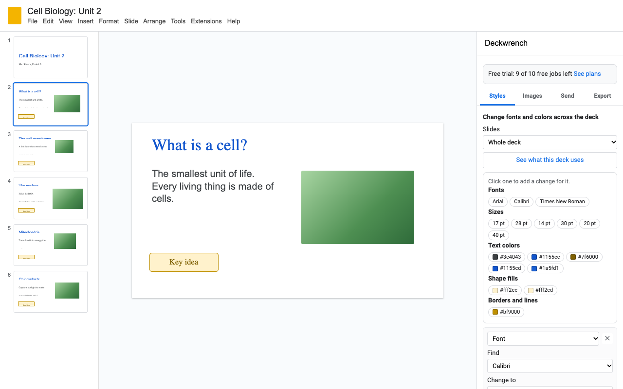 A Google Slides deck with mixed fonts and the Deckwrench sidebar listing the fonts and colors it uses