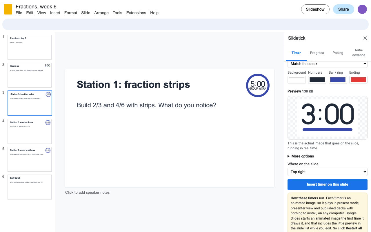 The Slidetick sidebar in Google Slides with a live timer preview, next to a station slide with a ring timer
