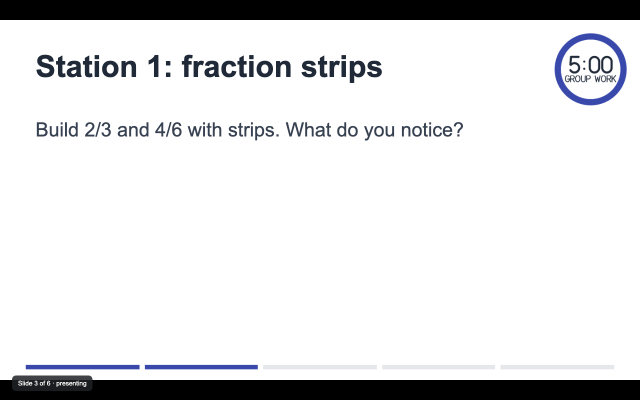 A lesson slide presented full screen with a five minute ring timer in the corner and progress segments along the bottom