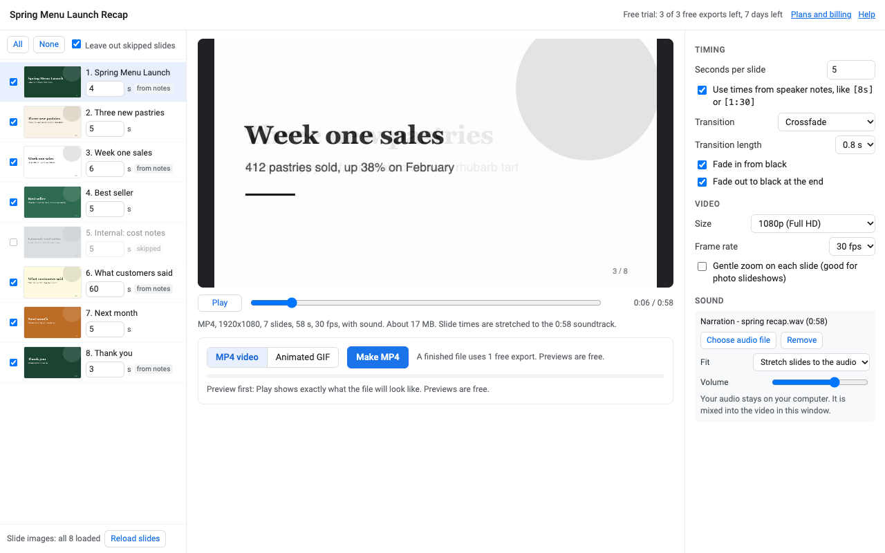 The Deckflick window in Google Slides: slide list with times, a live preview mid-crossfade, and video and sound settings